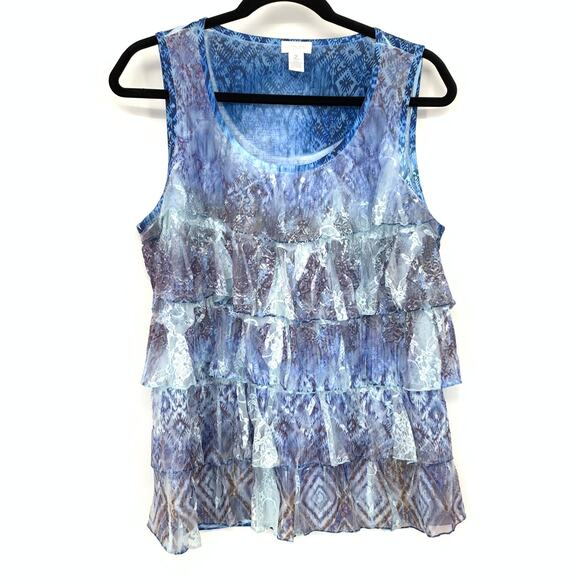 Chicos Tiered Ruffle Tank Top Womens Size 2 US L Knit Back Blue Multicolor - Picture 1 of 5